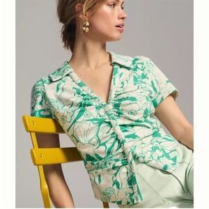 Anthropologie Maeve 3X Green Floral Twist Front Button Down Blouse Plus Size